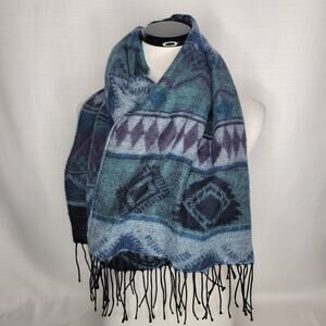 Blue Aztec Print Acrylic Scarf with Fringe, Made in Italy
